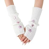 Insdark Goth Knitted Arm Warmers Y2k Star Fingerless Cute Fairy Grunge Gothic Emo Aesthetic Punk Alt Fashion Hand Sleeves Knit Short Party Skateboard Pentagram Arm Covers Women, White