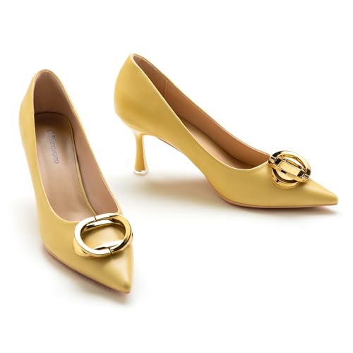 C.Paravano Luxury Metal Accent Stiletto Heels | Business Meeting & Wedding Shoes | Memory Foam Comfort | Slip-Resistant Work & Cocktail Pumps(Yellow,Size 10.5)