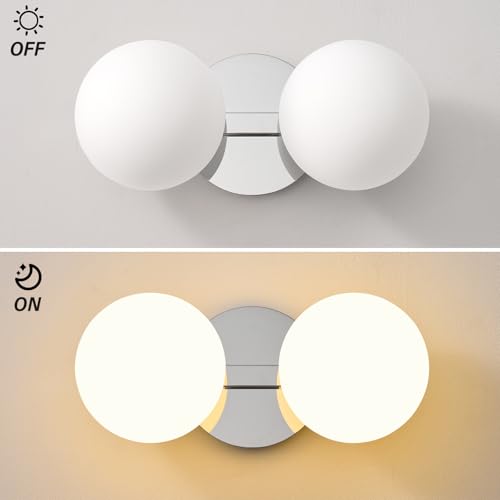 Image of Chrome Globe Wall Sconce,Vanities Lights with 2 Milk Glass Shades | 6 inch Modern Spherical Vanity Sconces,Contemporary Small Brass Ball Lights Fixture for Entryway Bedside Bathroom,E26 Base