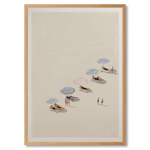LWGYLKJ Framed Minimalist Beach Wall Art Print Beige Coastal Umbrella Poster Summer Seaside Painting Modern Ocean Decorations Relaxing Beach Scene Artwork for Bedroom Bathroom Home Decor 8x12inch