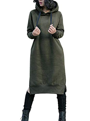NUTEXROL Women's Thickening Long Fleece Sweatshirt String Hoodie Dress Pullover Plus Size Army Green