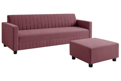 Image of 3 Seater Velvet Sofa with Ottoman | Modern Upholstered Couch | Comfortable Living Room Sofa | Durable & Stylish Seating for Home, Office & Guest Room - Rose Pink Color