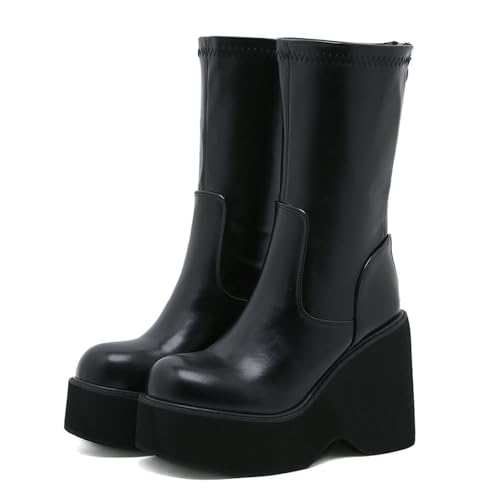 Women's Black Leather Platform Gothic Mid-calf Boots with Pull-Back Fashion Round Toe Simple Wedge Heel Non-slip Punk Knee-High Combat Boots