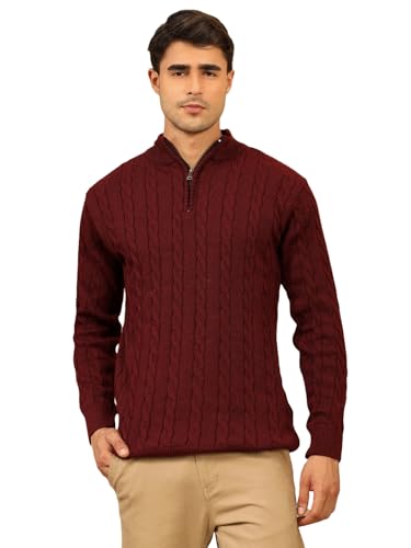 Image of Kvetoo Men's Wool High Neck Zipper Sweater, Full Sleeve Cable Knit Quarter Zip Winter Pullover