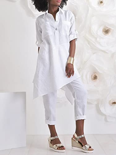 Paintcolors Women's Button Up Shirts Roll-Up Sleeve Asymmetrical Tunic Solid Color Blouse Tops With Pockets - White Xxl #TOP3