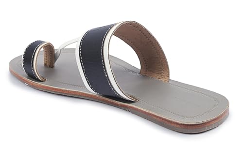 KORAKARI Men's Regular Wear Kolhapuri Chappal handmade Leather Grey Base White Blue Upper Smooth and Stylish Durable Comfortable Flip Flops Anti Slip Design slippers Traditional Indian Footwear
