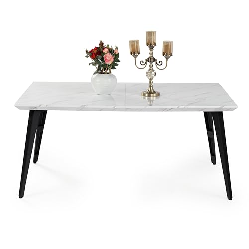 FurnitureR Mesa Rectangular de 150 cm, para 6-8 Personas, Bandeja de Madera de Estilo escandinavo, imitación de mármol Blanco Brillante, Bordes biselados y Patas de Hierro Plano, 150 x 80 x 74cm