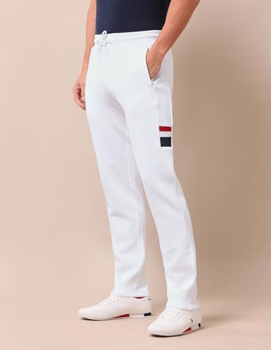 Image of U.S. Polo Assn. Men's White Solid Mid Rise Cotton Drawstring Slim Fit Flat Front Slit Pocket Track Pants