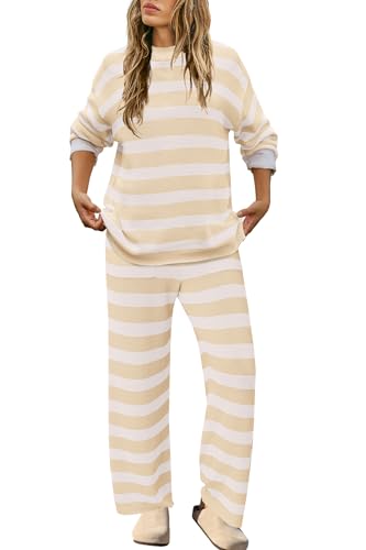 Image of SENSERISE Womens Striped Set Sweater Lounge Sets | Pajamas Set, Loungewear Set, Oversized Knit Sweater, Wide Leg Pants with Pockets, Fall Outfits, Pants Set