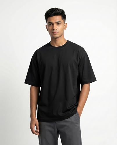 Image of Cotton Blend Oversized Solid T-Shirt for Men & Women | Round Neck Half Sleeve | Relaxed Fit | Lightweight & Breathable T- shirts for Casual Outings & Travel