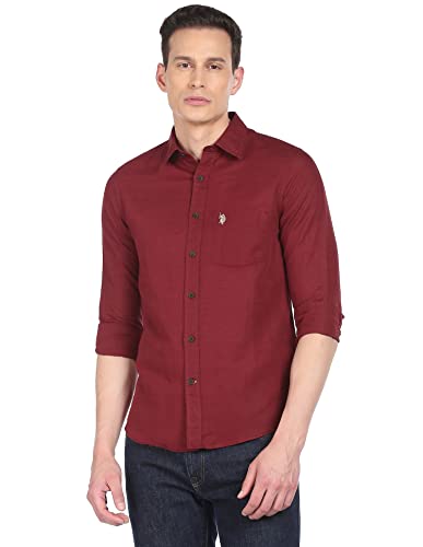 Image of U.S. Polo ASSN. Men's Solid Cotton Linen Tailored Fit Spread Collar Casual Shirt