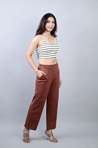 Image of Mlada Mid Waist Wide Leg Flared Pants Elastic Waist Band for Women Office Work Formal Wear Stretch Cotton Knit Flare Pants Utility Pockets Extra Flare Pants Trousers for Travel