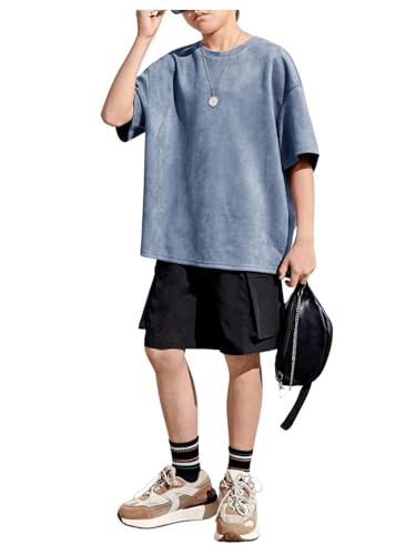 OYOANGLE Boy's Short Sleeve Round Neck Drop Shoulder Loose Fit T Shirt Oversized Solid Casual Tee Top