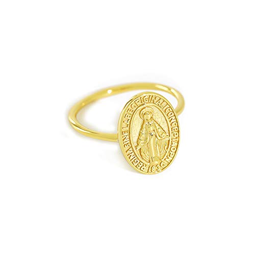 Oidims Virgin Mary 18K Gold Finish 925 Sterling Silver Statement Band Rings For Women Girls Stackable Plate Knuckle Dainty Best Friend Mid Finger Faith Lady Of Guadalupe Religious Gifts Jewelry #6.5 #TOP4