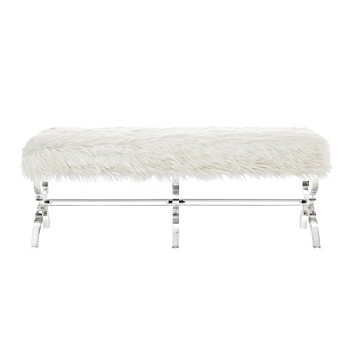 Giselle Cream Faux Fur Bench - Modern Acrylic X-Leg | Upholstered | Living Room, Entryway, Bedroom | Inspired Home #TOP2