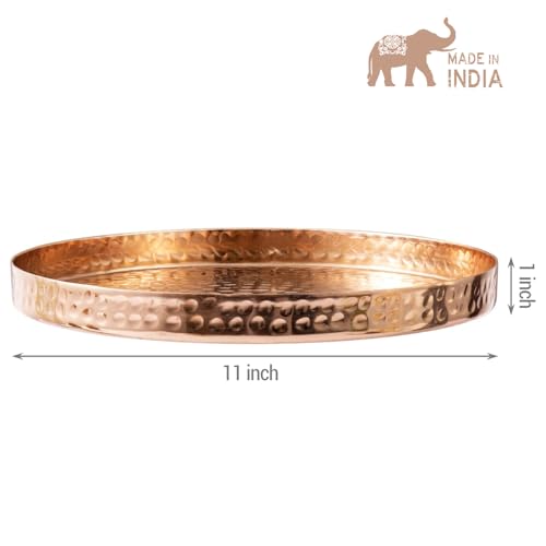 MyGift 11 Inch Deluxe Hammered Copper Kithchen Accessories Tray - Aluminum Plated Copper Platter and Vanity Tray - Handcrafted in India
