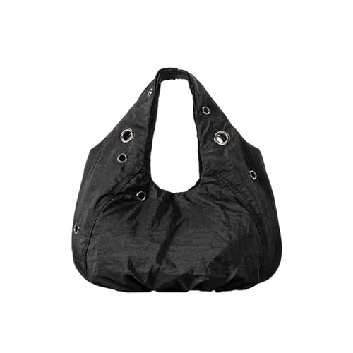 Sac à main hobo froncé en nylon léger noir avec rivets rock chic