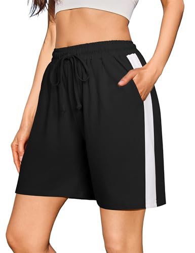 Litherday Shorts Damen Sommer Sporthose Kurz High Waist Bermuda Shorts Streifen Lose Jogginghose Sportshorts mit Taschen Schwarz M