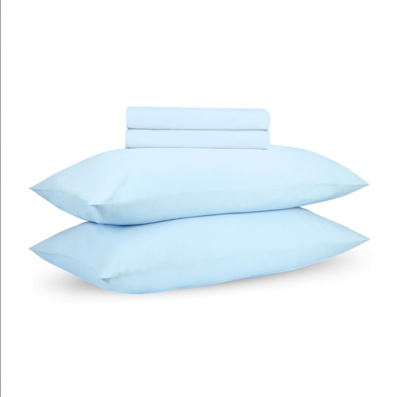 Image of Loom Blue Summer Fitted Percale Temperature Regulating Bedsheet Set - 100% Cotton, Soft & Breathable, Bedsheet 106x106 in + Pillow Covers 18x27 in, Lightweight Bed Linen for All Seasons