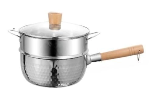 EVREFIN フライパン 鍋 小鍋 ステンレス製 電磁調理器対応 ラーメン鍋 軽量で使いやすい 槌目加工 保温性・変形なし 電磁調理器対応 蓋付き ミルクポット 全熱源対応 両面注ぎ口設計 注ぎやすい 保温性・耐久性 (22cmの木製ハンドル+蓋+蒸し器