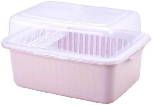 水切りバスケット ラック付き 透明蓋付き 食器ドレンバスケット タテ置き 防塵 防虫 水切りカゴ お茶碗収納ボックス ディッシュ収納 食器棚 机上食器収納 (ライトピンク,Medium)