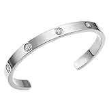 Harlorki Adjustable Shiny Silver Personalized Stainless Steel Cubic Zirconia Rhinestone Charm Open Bangle Cuff Bracelet for Men Women Fashion Jewelry