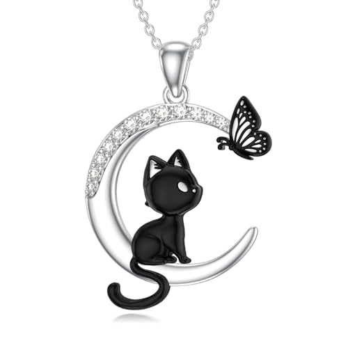LWXIE Diamond Cat Necklace for Women 925 Sterling Silver Cat Butterfly Pendant Necklace Cute Black Cats Moon Pendants Jewelry Gifts for Women Mom Wife Girlfriend Daughter