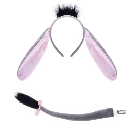 Pistha Donkey Costume Accessory Set Donkey Ears Headband and Tail Cute Donkey Costume Kit for Birthday and Halloween Cosplay
