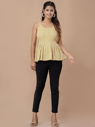 Image of feranoid Women Cotton Printed Sleeveless Strap Peplum Top