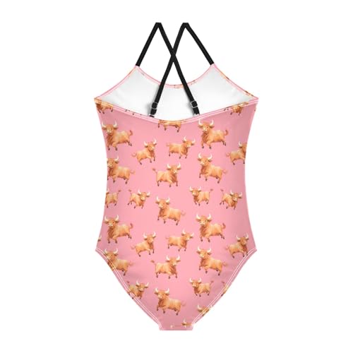 senya Girls Swimsuits One-Piece Swimwear Tie Bathing Suit Beach Summer Round Neck 9-10T Flying Highland Cattle Pattern2