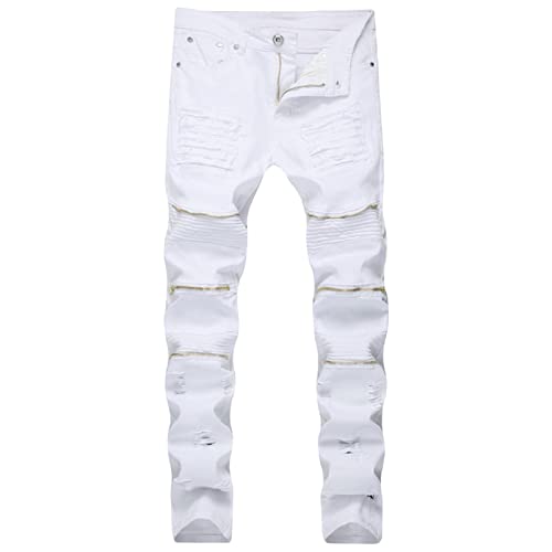 Men's Hip Hop Biker Jeans Vintage Distressed Ripped Denim Pencil Pants Slim Fit Stretch Destroyed Jean with Zippers (White,34)