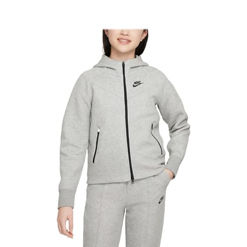 Nike Sportswear Tech Fleece Big Kids' (Girls') Full-Zip Hoodie (FD2979-063, Dark Grey Heather/Black/Black)