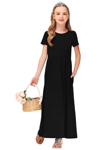 Deerose Girls Maxi Dresses Holiday Long Dress Short Sleeve with Pockets 5-14 Years4