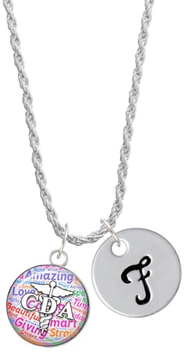 Delight Jewelry Silvertone Domed Multi Color CDA - Silvertone Script Initial Disc - F - Charm Necklace, 20"+3"