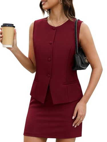 Womens Two Piece Blazer Sets Summer Vest and Skort Suit Set Short Skirt Waistcoat Work Dressy Causal Matching Outfits Wine Red S