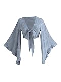 BEAUDRM Women's Boho Tops Wrap Western Country Concert 70s Outfits Tie Front Long Bell Sleeve Tops Hippie Disco Clothes Blue Large