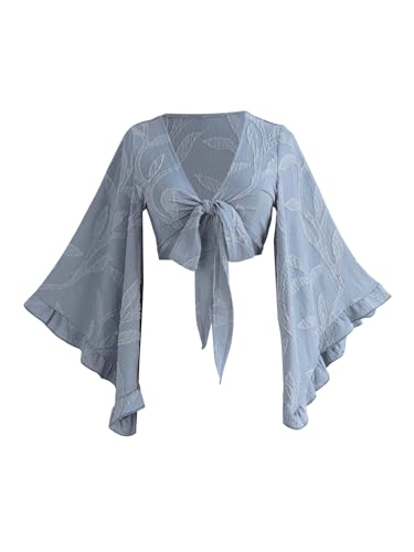 BEAUDRM Women's Boho Tops Wrap Western Country Concert 70s Outfits Tie Front Long Bell Sleeve Tops Hippie Disco Clothes Blue Large