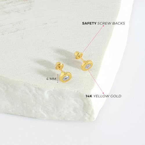 14k Yellow Gold Round Bezel Cubic Zirconia Safety Screw Back Earrings For Toddlers and Little Girls - Children's Cubic Zirconia Stone Earrings For Everyday Wear4