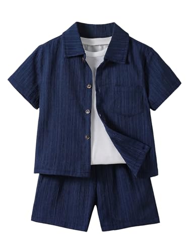 Image of SweatyRocks Boy's 2 Piece Summer Vacation Outfits Short Sleeve Collar Button Down Shirt and Shorts Clothing Set