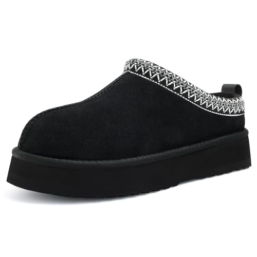 KIDMI Genuine Suede Platform Slippers for Women Fuzzy Winter Warm