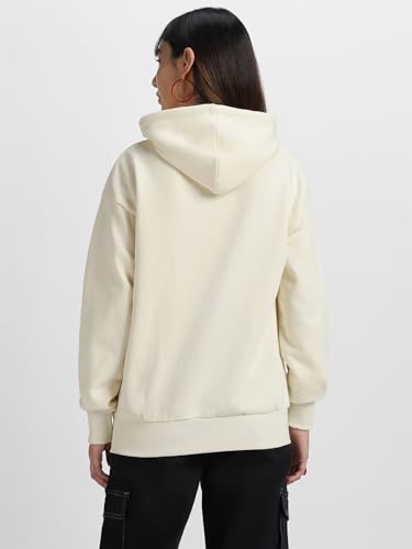 Image of JUNEBERRY Cotton Poly Fleece Oversized Fit Black, Green, Magenta, Mustard, Orange, Purple, Blue, Off White & Grey Graphic Printed Full Sleeve Hoodie for Women