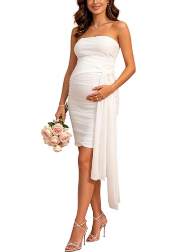 Yissang Maternity Strapless Bodycon Ruched Gown Removable Sash Summer Wear