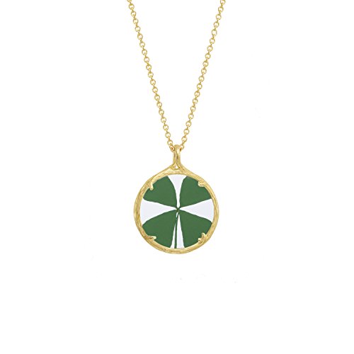 Catherine Weitzman Botanical Pendant Necklace with Delicate Dried Flowers in Glass Charm (Four Leaf Clover, Gold-Plated-Base)