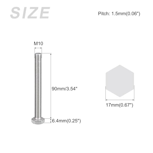 Image of METALLIXITY Hex Bolts (M10-1.5x90mm) 5Pcs, 304 Stainless Steel Coarse Fully Threaded Hex Head Screw Bolt Machine Screws - for Furniture Repair, Silver