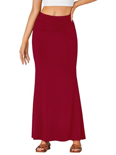Women's Fold Over Waist Maxi Skirt Lightweight Floor Length Flared Long Skirts2