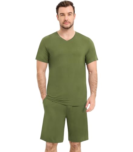 Image of NACHILA Men's Pajamas-Viscose Made from Bamboo, Short Sleeve Top with Shorts Pjs Set V Neck Sleepwear Cool Loungewear