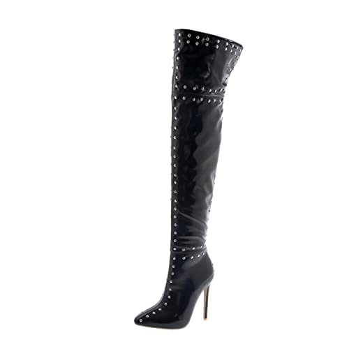 Bottes hautes à bout pointu en cuir PU noir avec rivets de mode de 12cm