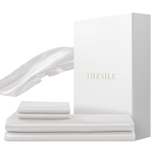 THXSILK Silk Bed Linen Set, 2-Piece, Duvet Cover 155 x 220 cm and 40 x 80 cm Pillowcase, Luxury Silk Bedding Set, Super Soft and Smooth, White