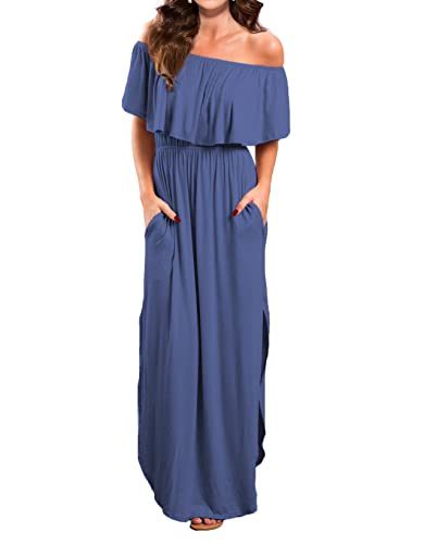 Image of VERABENDI Women's Off Shoulder Summer Casual Long Ruffle Beach Maxi Dress with Pockets