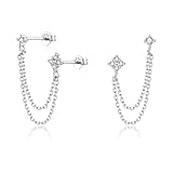 Lansora Double Piercing Earrings Silver Gold Cz Cubic Zirconia Stone Chain Link Dangle Stud Earrings